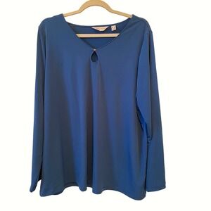 Susan Graver Womens 1X Liquid Knit Peacock Blue Long Sleeve Keyhole Blouse Top
